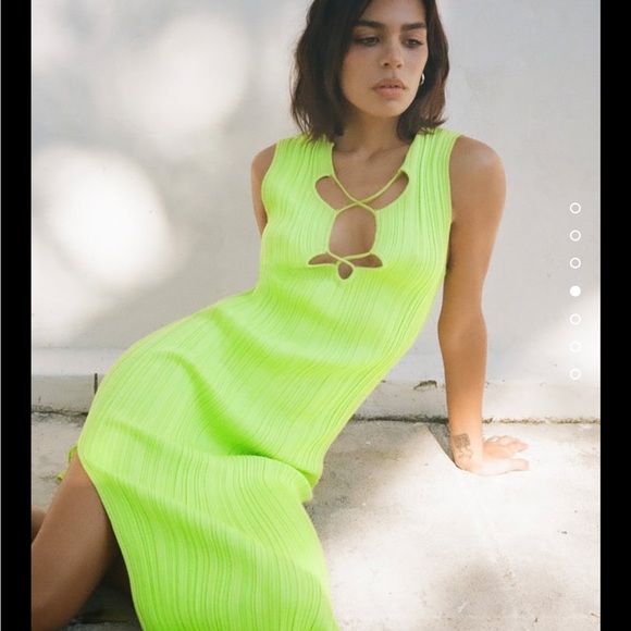 NWT ZARA Cut Out Knit Dress Midi Green Lime - Picture 4 of 11